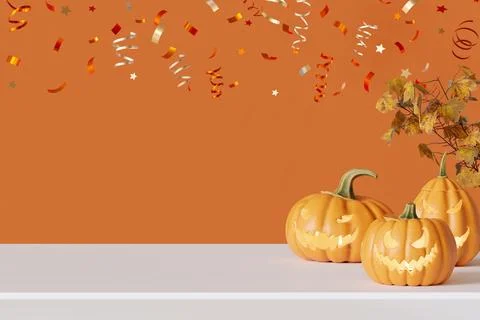 White tabletop with empty space for product display, pumpkins and confetti, o Stock Illustration