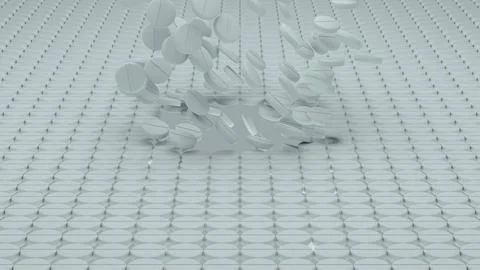 White tablets falling into a clean symmetrical grid with central collapse f.. Stock Photos