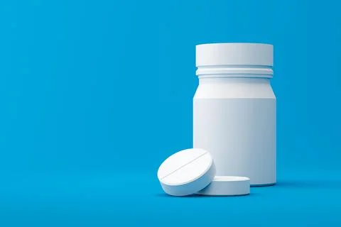 White tablets or painkillers with a pharmacy bottle on a medical background.. Stock Illustration