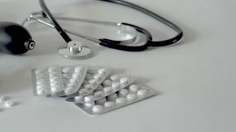 White tablets in a pack and a pressure gauge lie on a light surface 4K Video stock 116910775