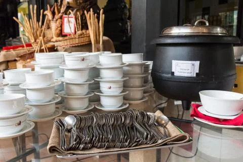 White tableware at buffet Stock Photos