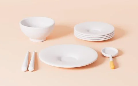 White tableware in the orange background, 3d rendering. Stock Illustration