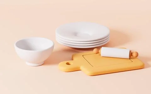White tableware in the orange background, 3d rendering. Stock Illustration