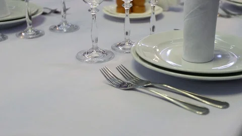 White tableware in the restaurant. slider shoot Stock-Footage 97438859