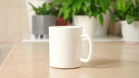 White tea cup with hot tea and steam on background of green plants. Tea break. Stock Footage 245657187