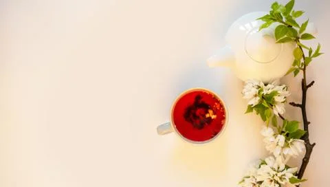 White tea pot, red fruit tea, apple tree blossom white background flat lay. T Fotos de archivo