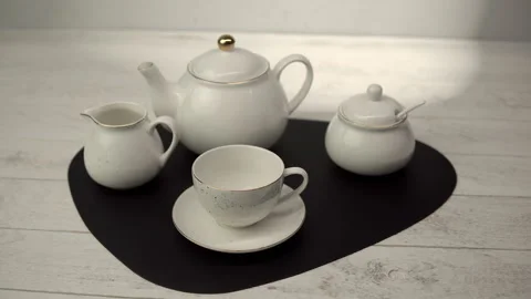 White Tea Set on Black Tray on Light Wood Table Stock Footage 268114824