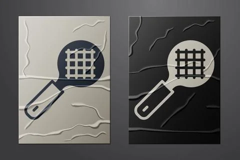 White Tea strainer with handle icon isolated on crumpled paper background. Metal Illustration