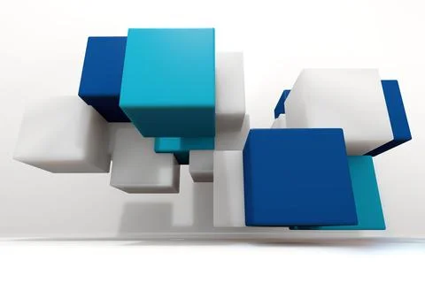 White teal dark-blue cubes are floating above reflective base in 3D on white Stock Illustration