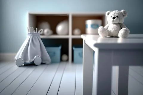 White teddy bear sits on the table in the children's room. Stock Illustration