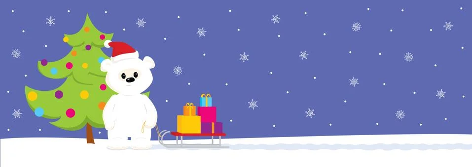 White teddy with sled and tree long Stock Illustration