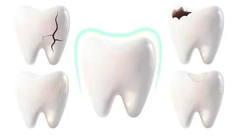 White teeth and teeth with various stages of decay and damage, a tooth with.. 스톡 일러스트