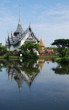 The white temple reflection on river Stock Photos