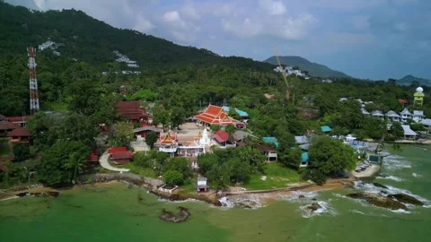 White Temples on small bay in Koh Samui, Thailand, aerial view Stock Footage 267100037