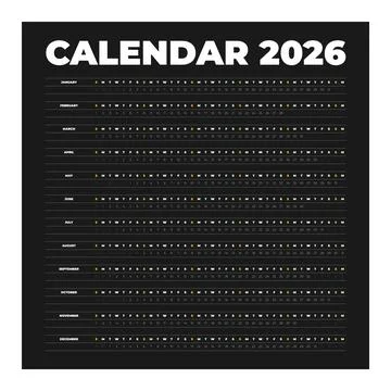 White text on black page. Square simple linear annual english calendar planner Stock Illustration