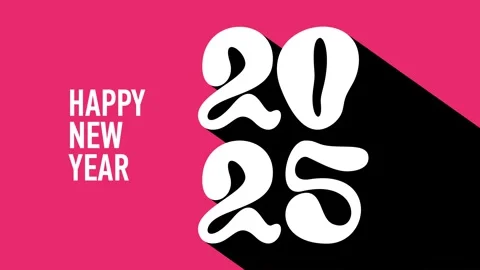 White text Happy New Year. 2025 with black long shadow on pink background Video stock 295694732