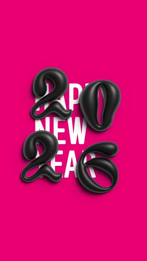 White text Happy New Year and black 3D 2026 on pink Stock Footage 317587541