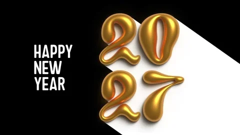 White text Happy New Year, gold 2027 with white shadow on black Видео 341275252