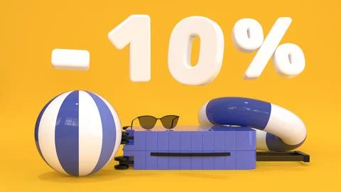 White text minus 10 percent with suitcase, sunglasses, ball on yellow backgro Stock Illustration