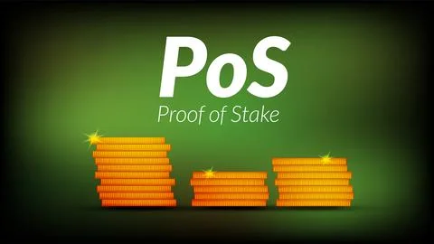 White text PoS Proof of Stake with stacks of coins with shadows on dark green イラスト素材