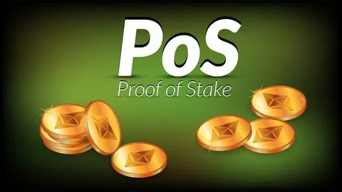 White text PoS Proof of Stake with isometric stacks of Ethereum ETH coins イラスト素材