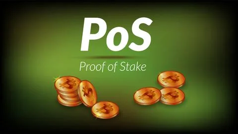 White text PoS Proof of Stake with isometric stacks of bitcoin BTC coins Illustrazione stock