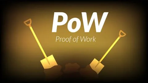 White text PoW Proof of Work with shovels on dark brown background. Stock Illustration