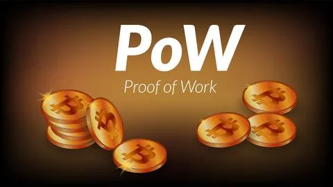 White text PoW Proof of Work with isometric stacks of bitcoin BTC coins Stock Illustration