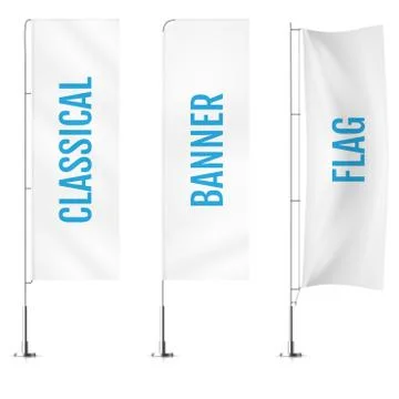 White textile classical banner flags. Banner flag mockups set. Set of vector  Stock Illustration