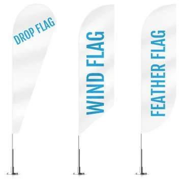 White textile drop, wind and feather banner flags. Banner flag mockups set. S Stock Illustration