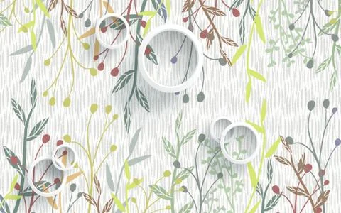 White texture background, white rings, colorful abstract plants Stock Illustration