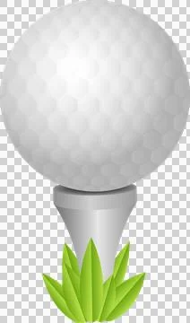 A white textured sphere rests on a gray tee with green foliage at the base .. Stock Illustration