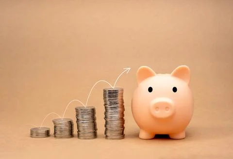 White thin line arrow jumping on coin stacks graph step to the cute pink pi.. Foto stock