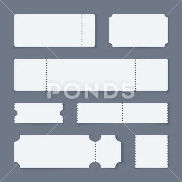 White ticket mockups. Concert theater paper tickets, blank empty movie admit one Stock Illustration