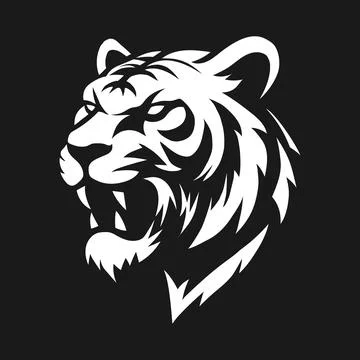 White tiger head logo on black background. Aggressive roaring mascot vector. Stock Illustration