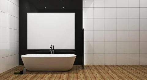 White tile and gray glossy wall bathroom interior with white tub, muck up. 3d Stock Illustration