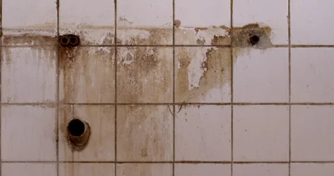 White tile in prison liquid streaks and scratch marks. Location violence. Stock Footage 243228427