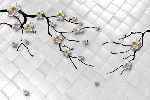White tiled background, black cherry branches with white flowers Stock Illustration