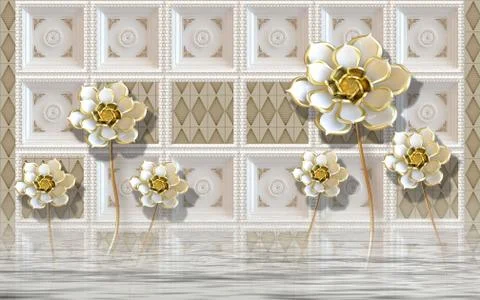 White tiled background with gilding, large white gilded flowers Illustrazione stock