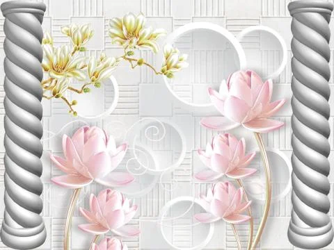 White tiled background, two gray columns, rings, water lilies, fabulous flowers Stock Illustration