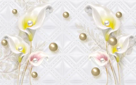 White tiled background, white-yellow and white-pink calla flowers, pearls Stock Illustration