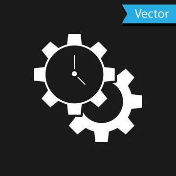 White Time Management icon isolated on black background. Clock and gear sign Stock-Illustration