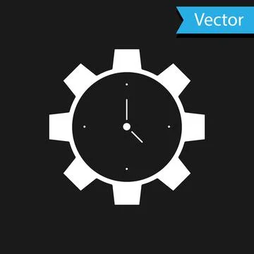 White Time Management icon isolated on black background. Clock and gear sign Stock-Illustration