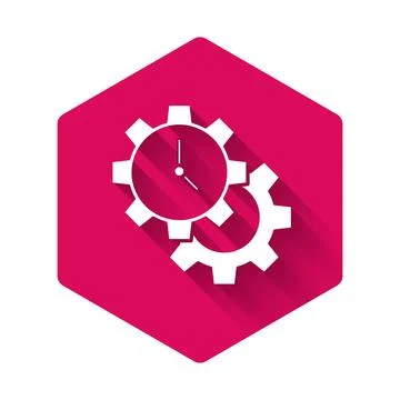 White Time Management icon isolated with long shadow. Clock and gear sign. Pr Stock-Illustration