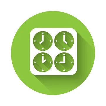 White Time zone clocks icon isolated with long shadow background. Green cir.. Illustrazione stock