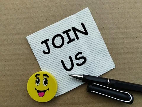White tissue written join us and black pen, invitation to join a group Stock Photos