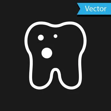 White Tooth with caries icon isolated on black background. Tooth decay. Vector Stock Illustration
