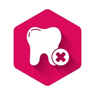 White Tooth with caries icon isolated with long shadow. Tooth decay. Pink Stock Illustration
