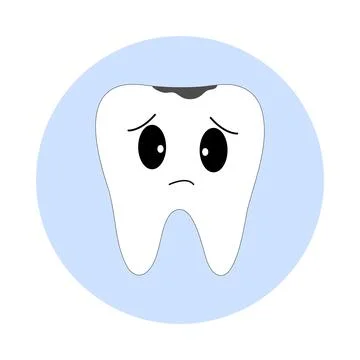 White tooth icon with a sad sore tooth.  kawaii eyes. Vector Illustrazione stock
