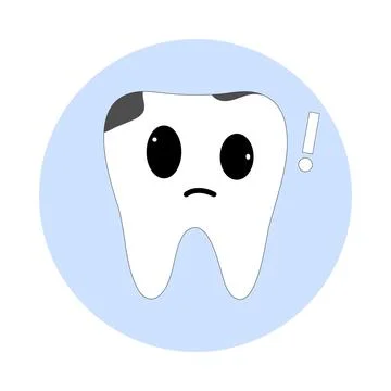 White tooth icon with a sad tooth and kawaii eyes. Vector Stock Illustration